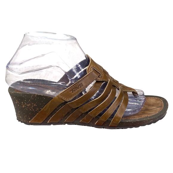 Teva Women's Cabrillo Brown Leather Slip On Strappy Wedge Sandal Size US 7.5 - Picture 1 of 11